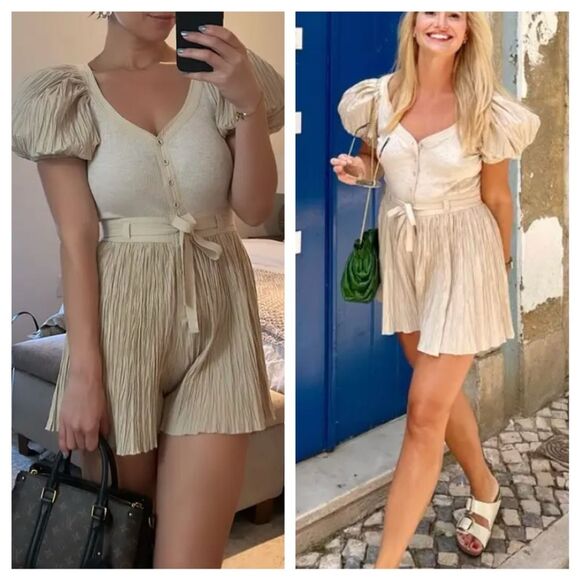 Ulla Johnson Pants - Ulla Johnson Beige Vinny Playsuit Romper Short Puff Sleeve Dress size 4